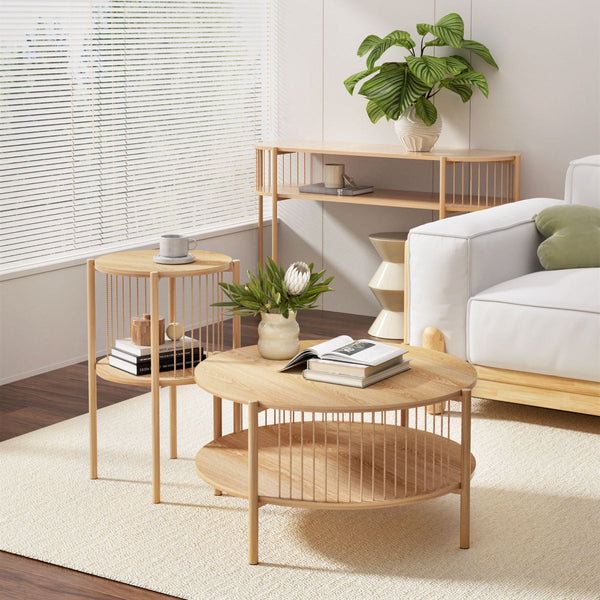 Artiss Set Of 2 Pine Wood Round End Tables 39X39x65cm Coffee Tables