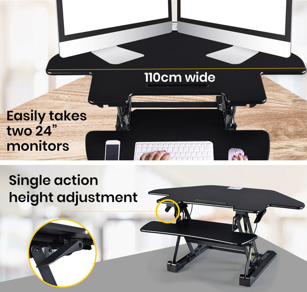 Fortia Corner Desk Riser 110Cm Wide Adjustable Sit To Stand Dual Monitor Keyboard Laptop Black Monitor Mounts & Stands