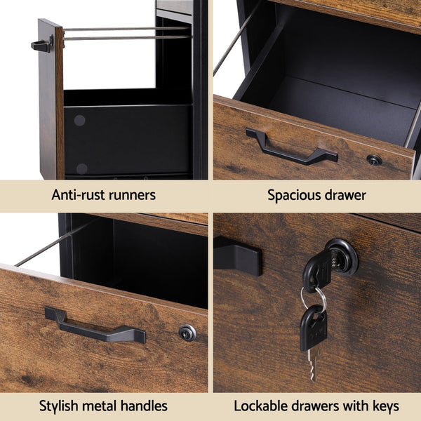 Artiss Filing Cabinet File With Wheels 2 Drawer Storage Rustic Brown Filing Cabinets