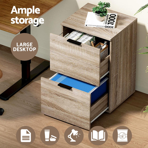 Artiss Filing Cabinet Files Storage Office Shelves Organiser Oak 2 Drawer Filing Cabinets