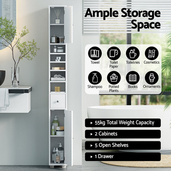 Artiss Bathroom Storage Cabinet 180Cm Tall Slim Floor Cupboard Toilet Narrow Linen Tower Bathroom Cabinets