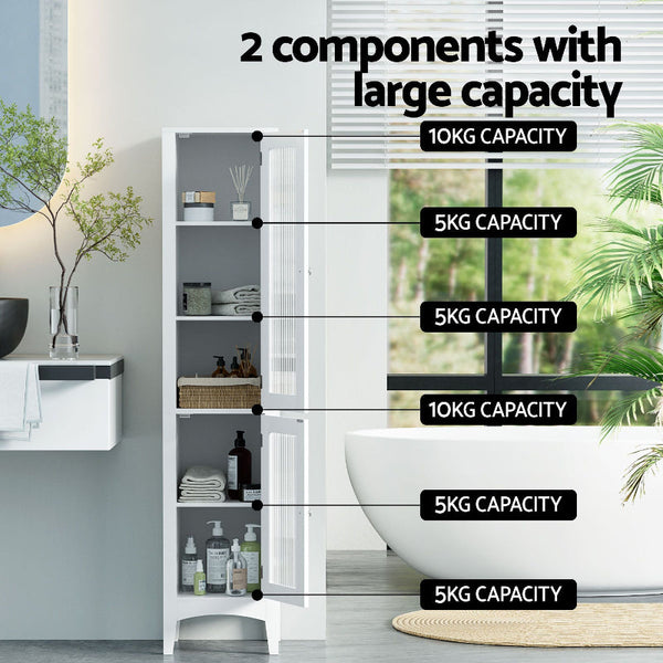 Artiss 2X Slim 160Cm Tall Bathroom Storage Cabinet With Glass Doors White Bathroom Cabinets