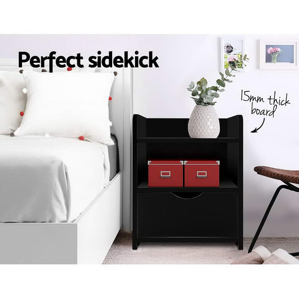 Artiss 2X Bedside Table 1 Drawer With Shelf Fara Black Bedside Tables