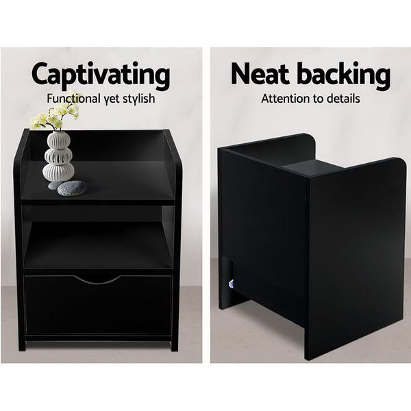 Artiss 2X Bedside Table 1 Drawer With Shelf Fara Black Bedside Tables
