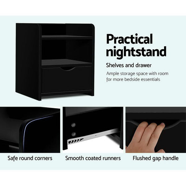 Artiss 2X Bedside Table 1 Drawer With Shelf Fara Black Bedside Tables