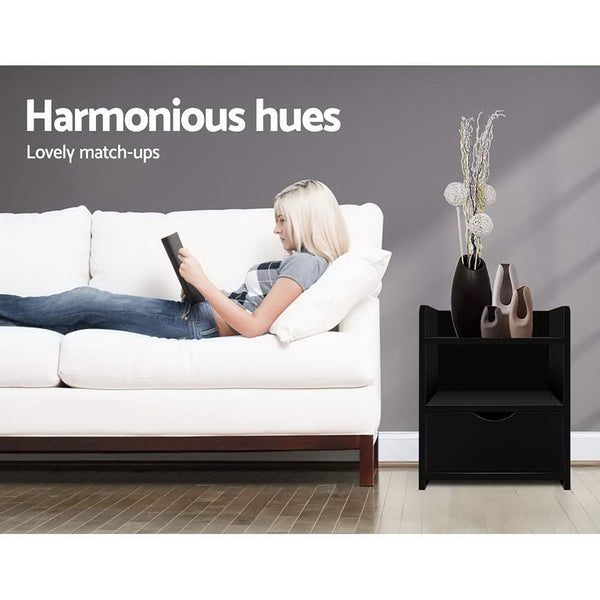 Artiss 2X Bedside Table 1 Drawer With Shelf Fara Black Bedside Tables