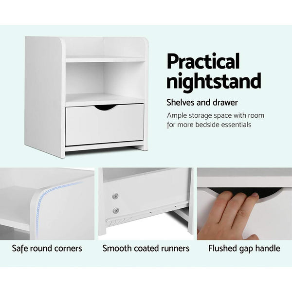 Artiss 2X Bedside Table 1 Drawer With Shelf Fara White Bedside Tables