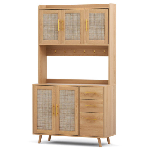 Artiss Buffet Sideboard Hutch Storage Cabinet Kitchen Cupboard Hooks Rattan Pine Cabinets & Cupboards