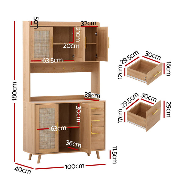 Artiss Buffet Sideboard Hutch Storage Cabinet Kitchen Cupboard Hooks Rattan Pine Cabinets & Cupboards