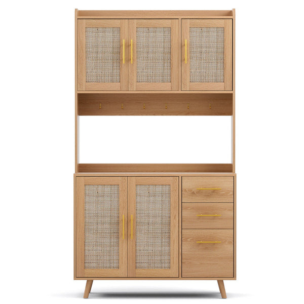 Artiss Buffet Sideboard Hutch Storage Cabinet Kitchen Cupboard Hooks Rattan Pine Cabinets & Cupboards
