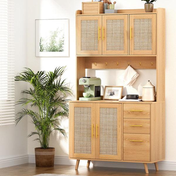 Artiss Buffet Sideboard Hutch Storage Cabinet Kitchen Cupboard Hooks Rattan Pine Cabinets & Cupboards