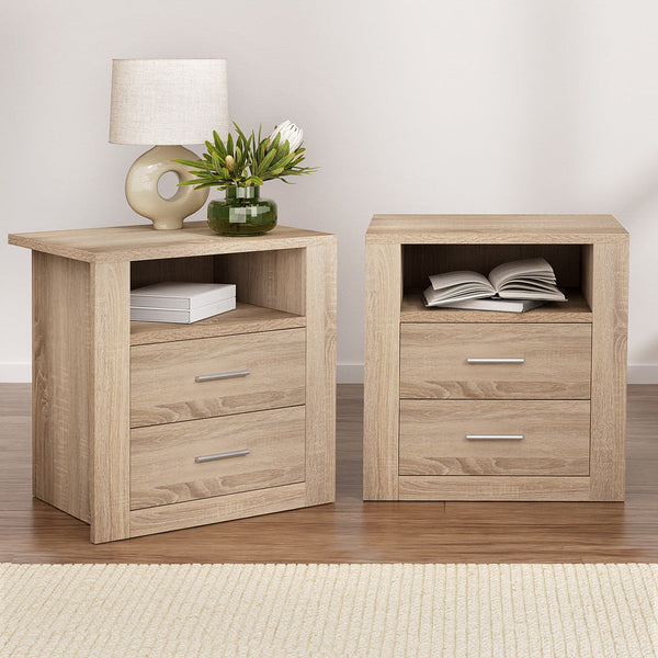 Artiss 2X Bedside Table Drawers With Shelf Tara Oak Bedside Tables