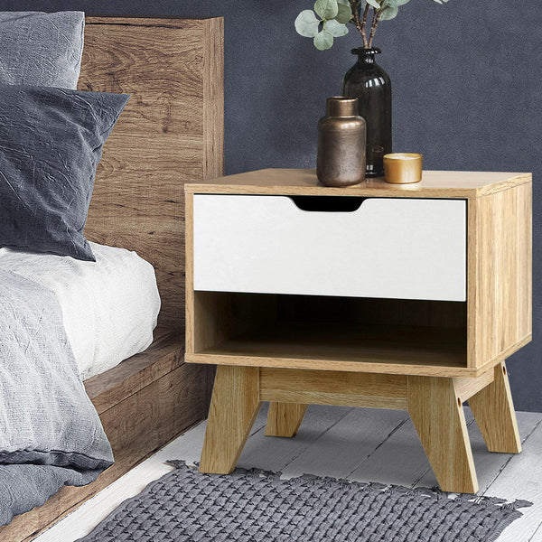 Artiss Bedside Table 1 Drawer With Shelf Iker White & Oak Bedside Tables