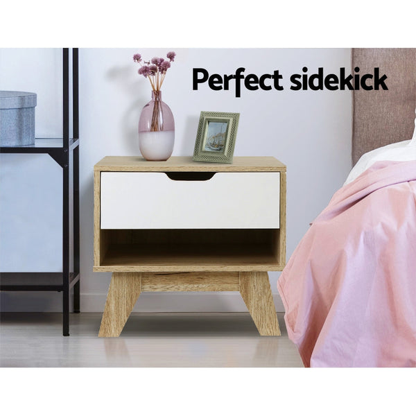 Artiss Bedside Table 1 Drawer With Shelf Iker White & Oak Bedside Tables