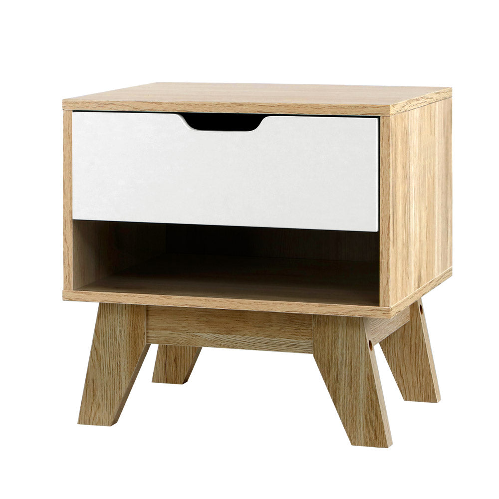 Artiss Bedside Table 1 Drawer With Shelf Iker White & Oak Bedside Tables