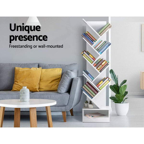 Particle Board Bookshelf 9 Tier Tree Design Freestanding Home Furniture White Bookshelves