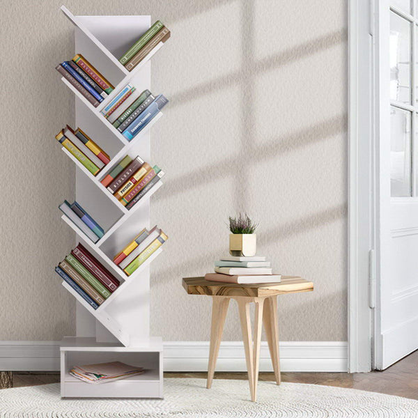 Particle Board Bookshelf 9 Tier Tree Design Freestanding Home Furniture White Bookshelves