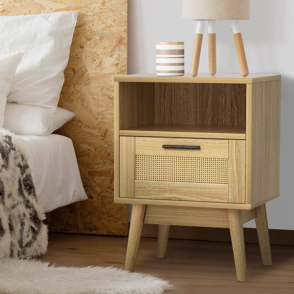 Artiss Rattan Bedside Table 1 Drawer With Shelf Rei Oak Bedside Tables