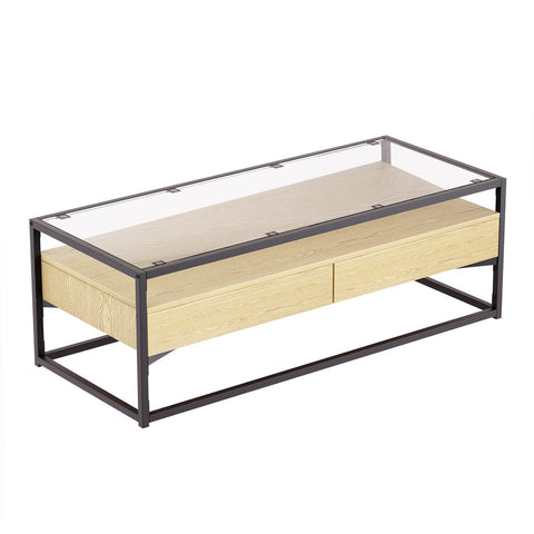 Artiss Coffee Table 2 Drawers Glass Tabletop Pine Coffee Tables