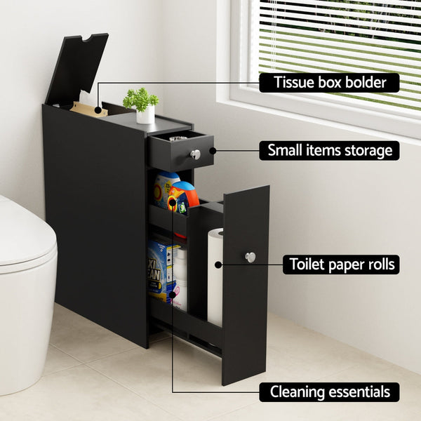 Artiss Bathroom Storage Cabinet Toilet Slim Tissue Box Caddy Holder Side Black Bathroom Cabinets