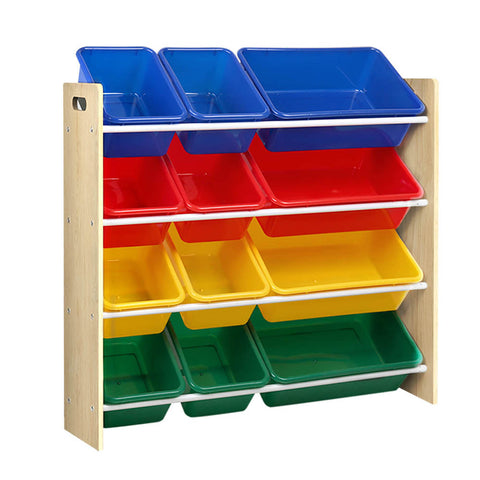 Particle Board Toy Storage Rack With 12 Plastic Bins For Children Organiser Storage Bins & Baskets