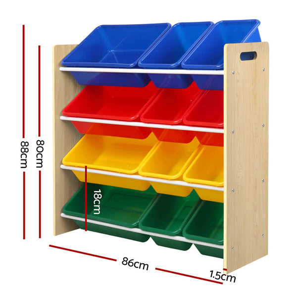 Particle Board Toy Storage Rack With 12 Plastic Bins For Children Organiser Storage Bins & Baskets