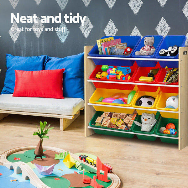 Particle Board Toy Storage Rack With 12 Plastic Bins For Children Organiser Storage Bins & Baskets