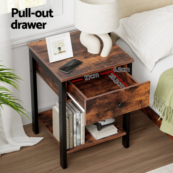 Artiss Bedside Table Nightstand 1 Drawer Shelves Walnut Bedside Tables
