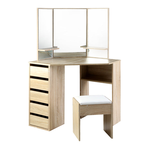Particle Board Dressing Table With Stool Oak Finish 5 Drawers Home Furniture Dressing Tables