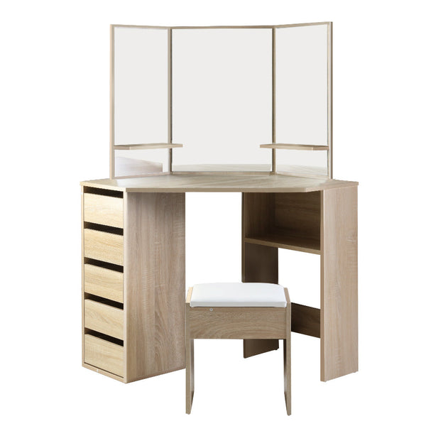 Particle Board Dressing Table With Stool Oak Finish 5 Drawers Home Furniture Dressing Tables