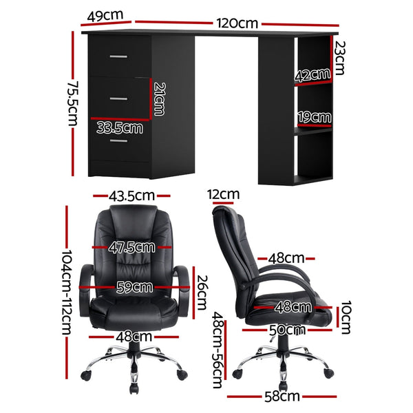 Artiss 120Cm Computer Desk And Executive Office Chair Set Black Pu Leather Home Office Desks