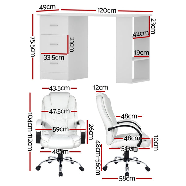 Artiss 120Cm Computer Desk And Executive Office Chair Set White Pu Leather Home Office Desks