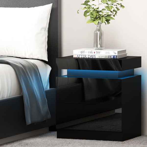Artiss Bedside Table Led 2 Drawers Lift Up Storage Coley Black Bedside Tables