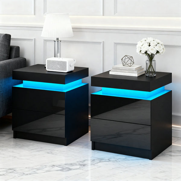 Artiss 2X Bedside Table Led Drawers Lift Up Storage Coley Black Bedside Tables