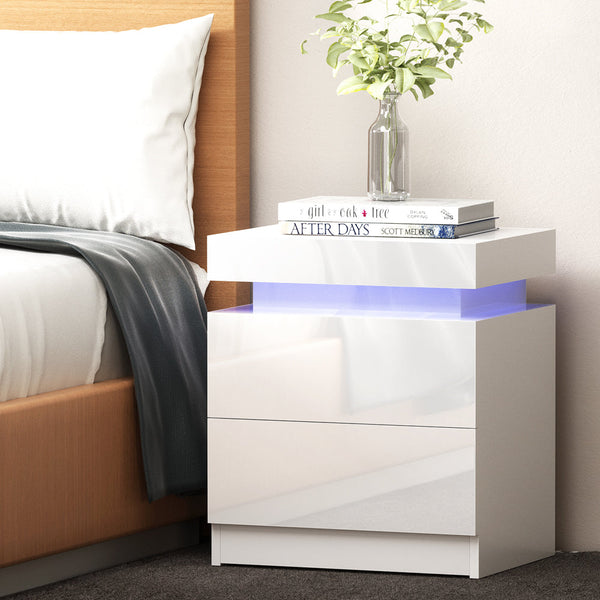 Artiss Bedside Table Led 2 Drawers Lift Up Storage Coley White Bedside Tables