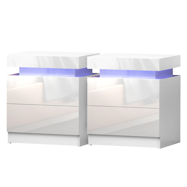 Artiss 2X Bedside Table Led 2 Drawers Lift Up Storage Coley White Bedside Tables