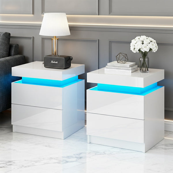 Artiss 2X Bedside Table Led 2 Drawers Lift Up Storage Coley White Bedside Tables