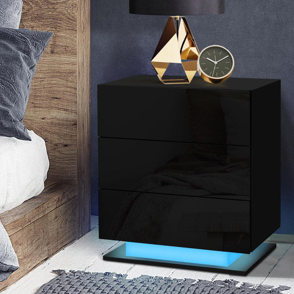 Artiss Bedside Table Led 3 Drawers Mori Black Bedside Tables