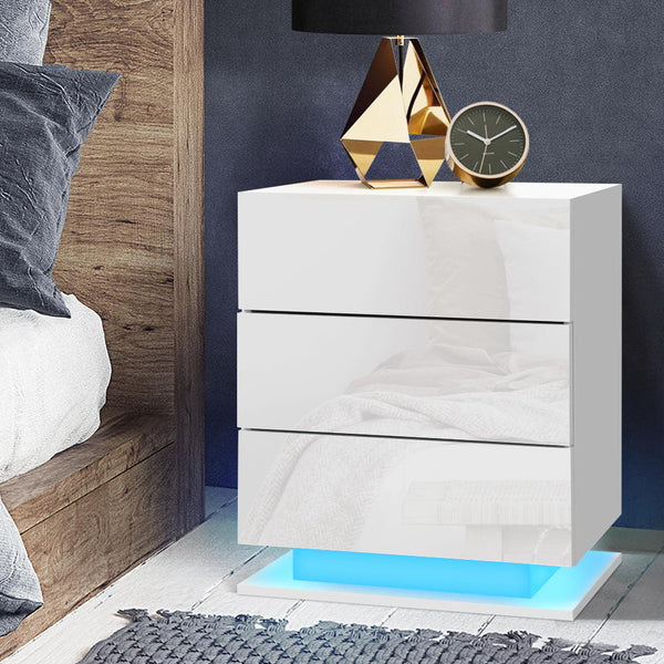 Artiss Bedside Table Led 3 Drawers Mori White Bedside Tables