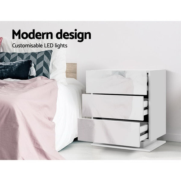 Artiss 2X Bedside Table Led 3 Drawers Mori White Bedside Tables