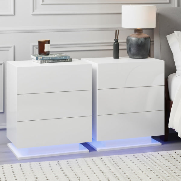 Artiss 2X Bedside Table Led 3 Drawers Mori White Bedside Tables