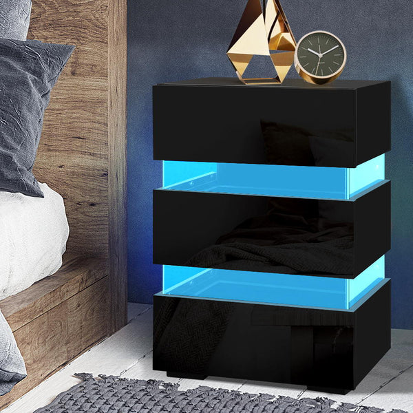 Artiss Bedside Table Led 3 Drawers Lumi Black Bedside Tables