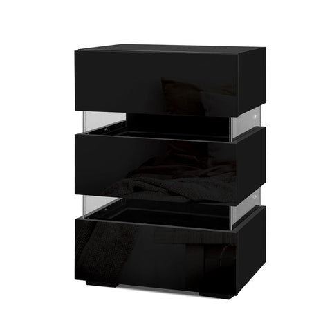 Artiss Bedside Table Led 3 Drawers Lumi Black Bedside Tables