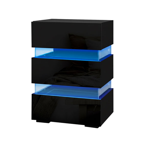 Artiss 2X Bedside Table Led 3 Drawers Lumi Black Bedside Tables