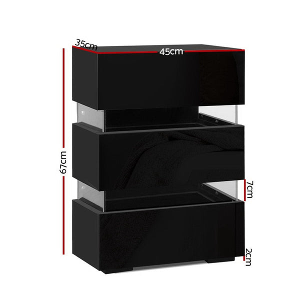 Artiss 2X Bedside Table Led 3 Drawers Lumi Black Bedside Tables