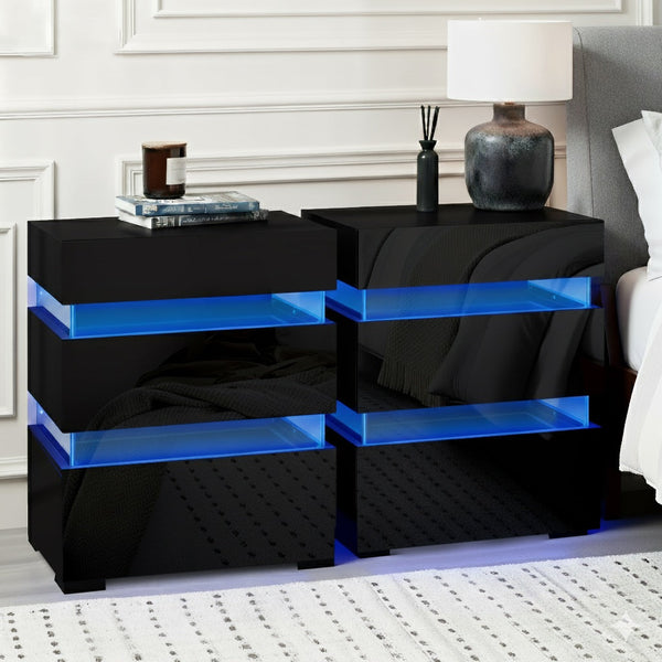Artiss 2X Bedside Table Led 3 Drawers Lumi Black Bedside Tables