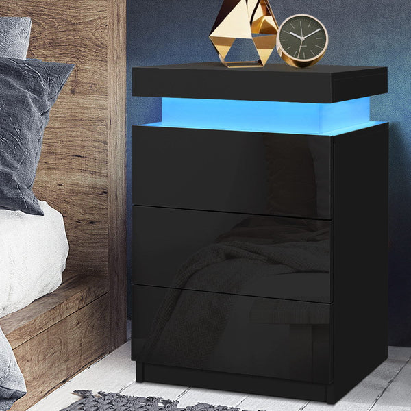 Artiss Bedside Table Led 3 Drawers Coley Black Bedside Tables
