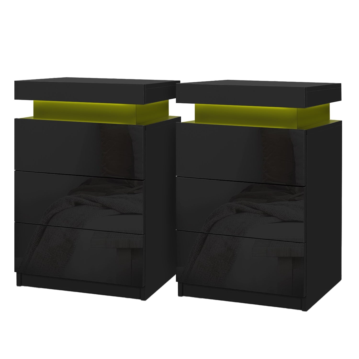 Artiss 2X Bedside Table Led 3 Drawers Coley Black Bedside Tables