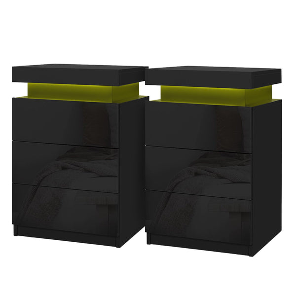 Artiss 2X Bedside Table Led 3 Drawers Coley Black Bedside Tables