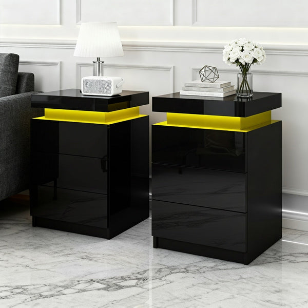 Artiss 2X Bedside Table Led 3 Drawers Coley Black Bedside Tables